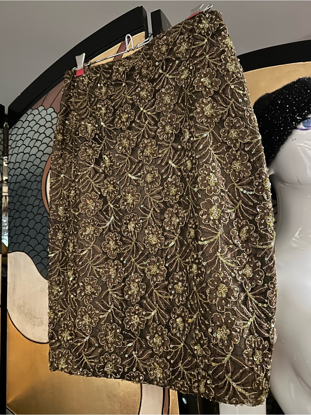 Kay Unger Dark Olive/Brown  Floral Lace Embroidery Pencil Skirt